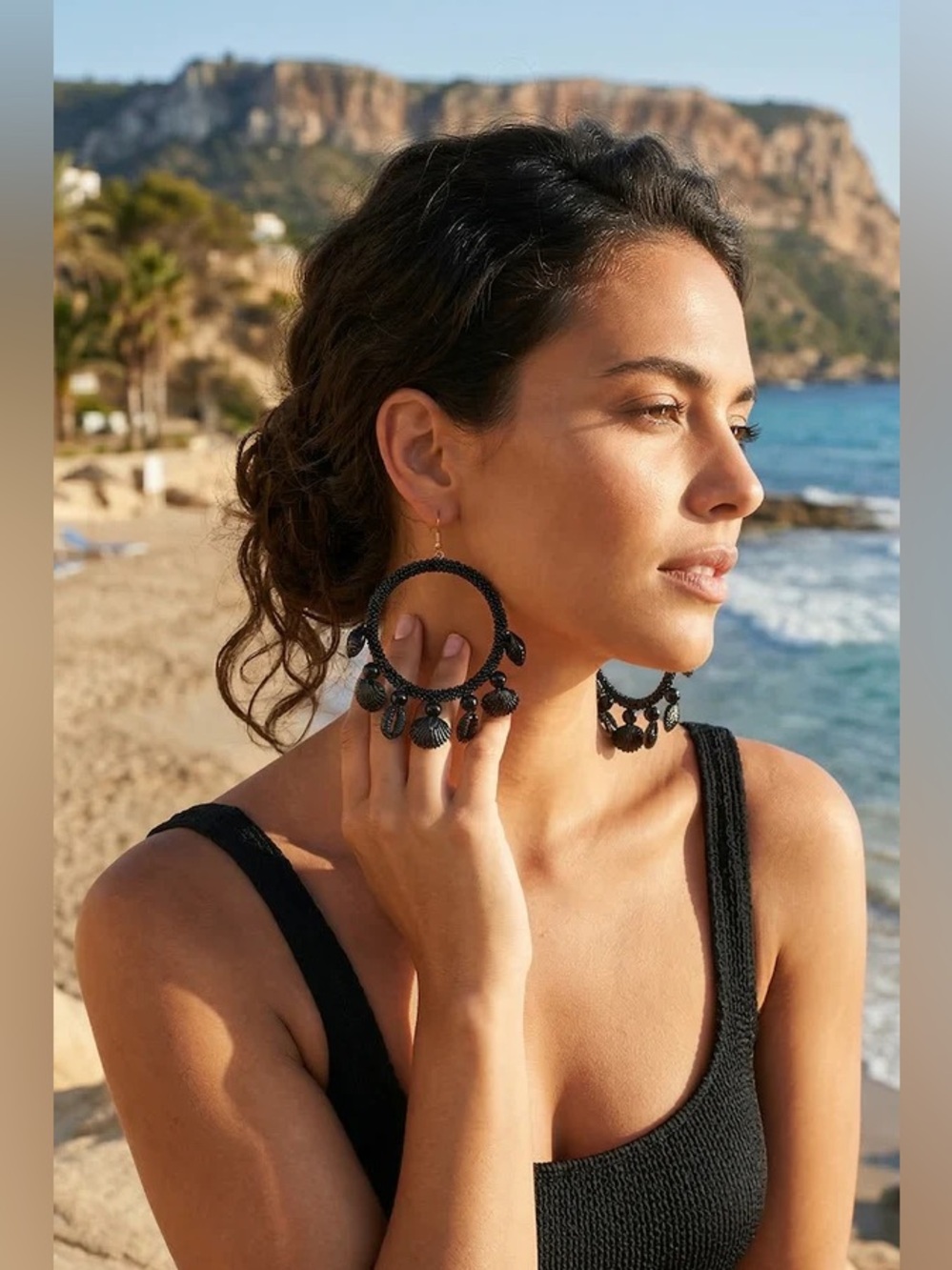 Antica Sartoria Positano Italy Black Beaded Hoop Statement Earrings with Shells